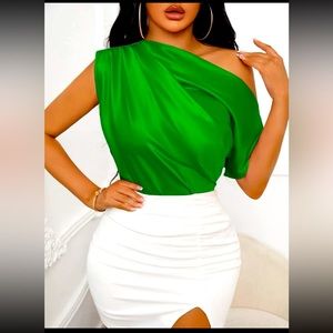 Asymmetrical Neck Ruched Satin Blouse